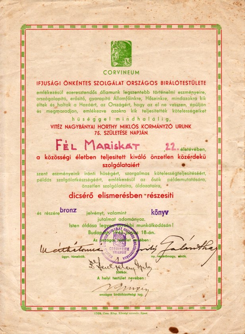 Corvineum dicsérő elismerés Fél Mariskának